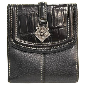 Brighton wallet, black, leather crock, embossed trifold clutch organizer